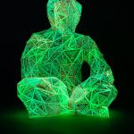 Marian Sandberg, Small Language Model, 2025<br />
3D printed noctilucent plastic on nylon jersey, bricklayers twine, UV light.<br />
1.5m x 1.2m x 1.2m<br />
Photo: James Field