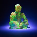 Marian Sandberg, Small Language Model, 2025<br />
3D printed noctilucent plastic on nylon jersey, bricklayers twine, UV light.<br />
1.5m x 1.2m x 1.2m<br />
Photo: James Field