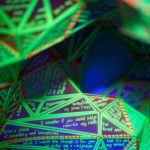 Marian Sandberg, Small Language Model, 2025<br />
3D printed noctilucent plastic on nylon jersey, bricklayers twine, UV light.<br />
1.5m x 1.2m x 1.2m<br />
Photo: James Field