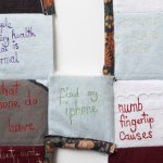 Marian Sandberg, Historical Quilt (detail), 2022<br />
Cotton thread on husband’s jeans, mother’s tea towel, brother’s favourite shirt, daughter’s comforter, baby’s pants, granny’s nightie, dad’s curtains, daughter’s surrogate mother’s maternity pyjamas, baby’s surrogate mother’s maternity top<br />
180cm x 200cm<br />
Photograph: James Field