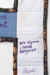 Marian Sandberg, Historical Quilt (detail), 2022<br />
Cotton thread on husband’s jeans, mother’s tea towel, brother’s favourite shirt, daughter’s comforter, baby’s pants, granny’s nightie, dad’s curtains, daughter’s surrogate mother’s maternity pyjamas, baby’s surrogate mother’s maternity top<br />
180cm x 200cm<br />
Photograph: James Field