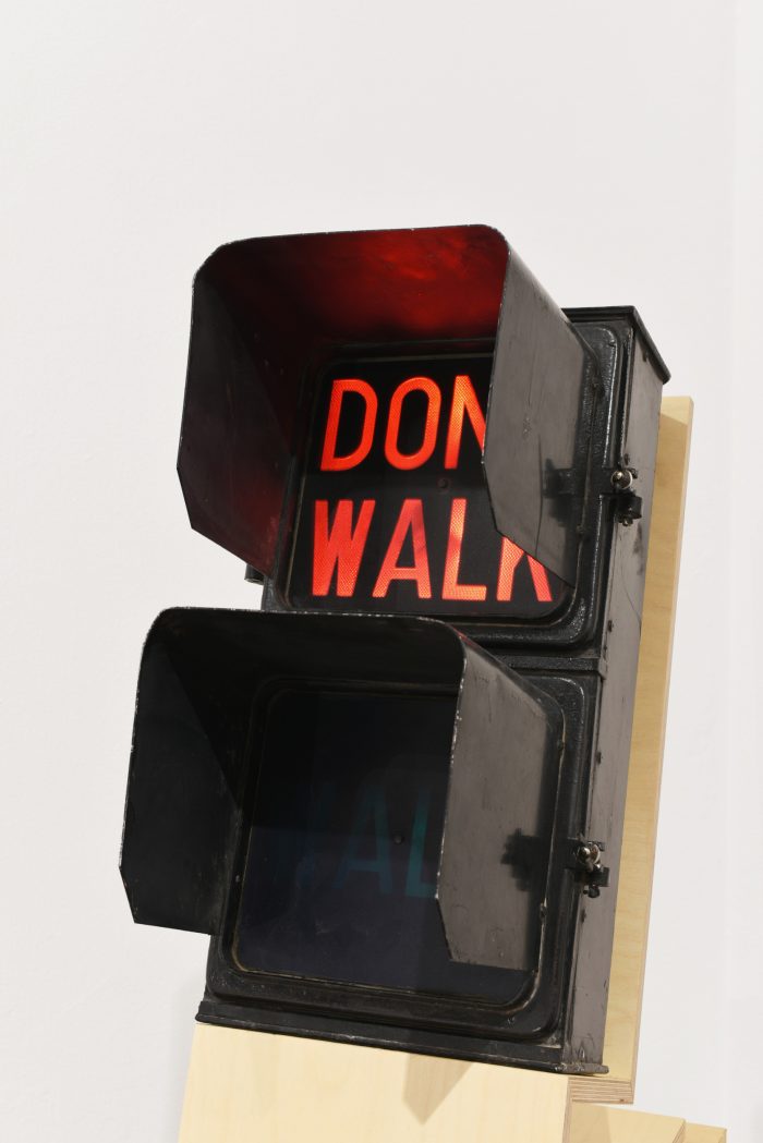 Marian Sandberg, WALK DONT WALK, 2022<br />
Found pedestrian crossing, motion sensor, microcontroller, Twitter account, plywood<br />
1.6m x 34cm x 50cm<br />
Image courtesy of Perth Institute of Contemporary Arts (PICA). Photo: Dan McCabe