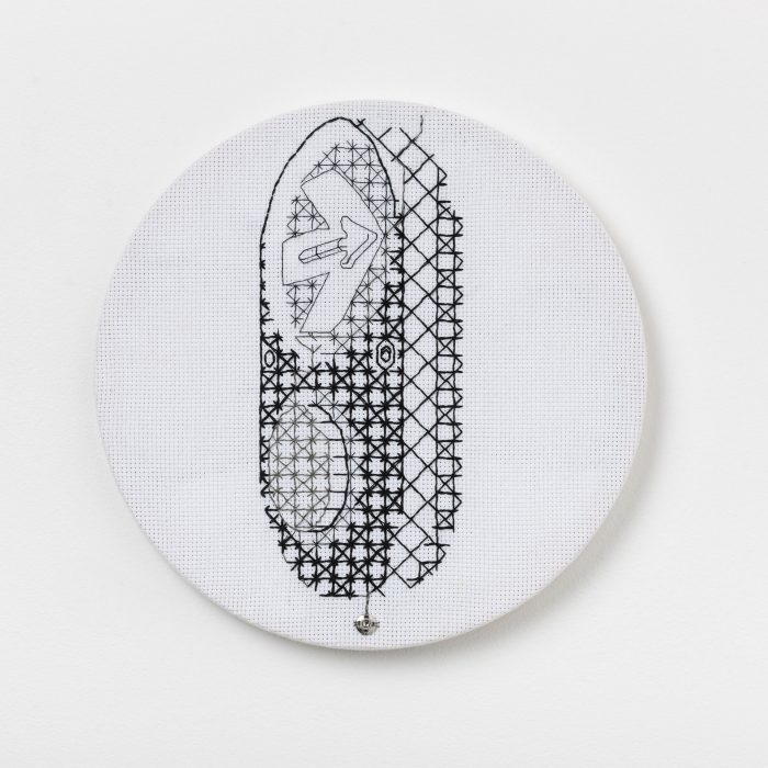 Marian Sandberg, "PB/5", 2022<br />
Cotton thread, conductive thread, press stud, microcontroller and polyphonic audio<br />
27cm x 27cm<br />
Photograph: James Field